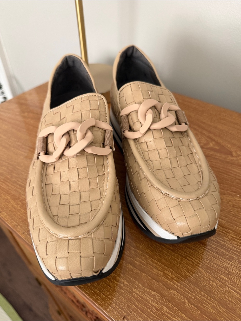 Woven Beige Slip-On Loafers with Decorative Chainlike accent